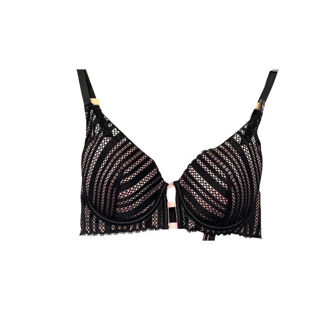 Victorias Secret Lined Plunge Bra 32DD Adjustable Straps Black & Dusty Pink Lace
